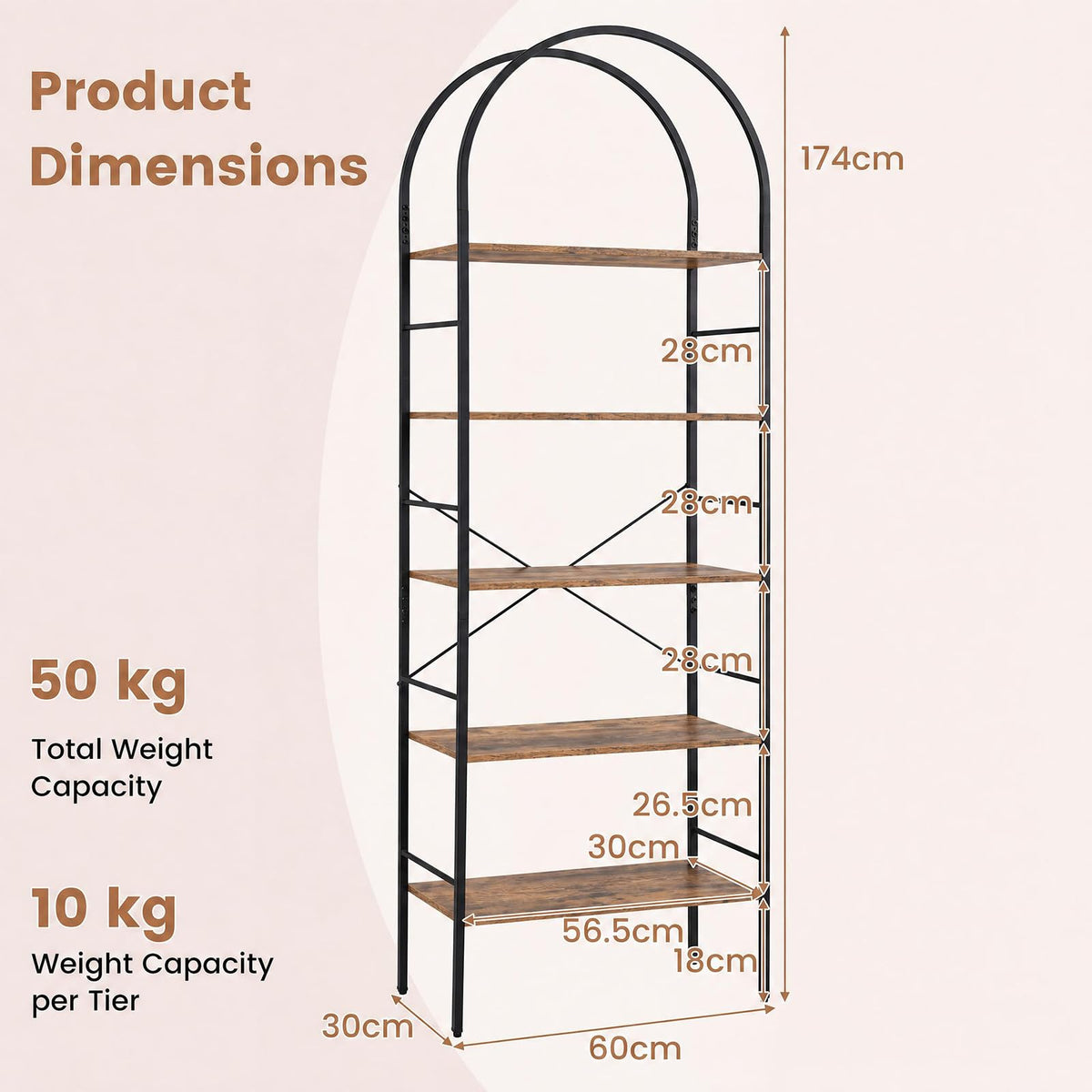 5-Tier Arched Bookshelf, Metal Frame Bookcase Shelving Unit, Freestanding Display Storage Organizer