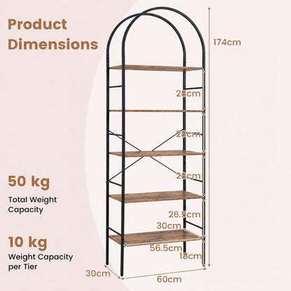 5-Tier Arched Bookshelf, Metal Frame Bookcase Shelving Unit, Freestanding Display Storage Organizer
