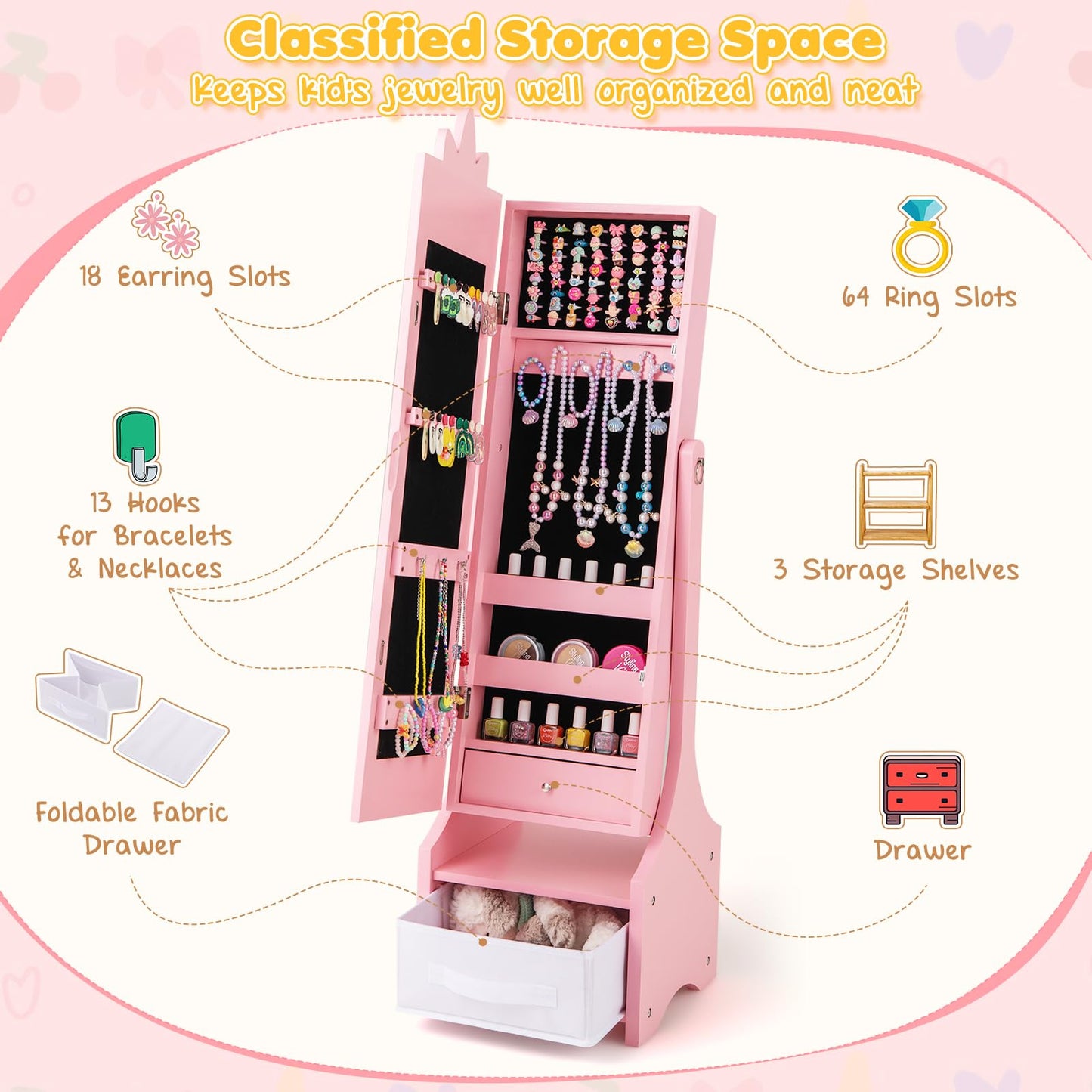 Kids Jewelry Cabinet with Full-Length Mirror and Foldable Drawer