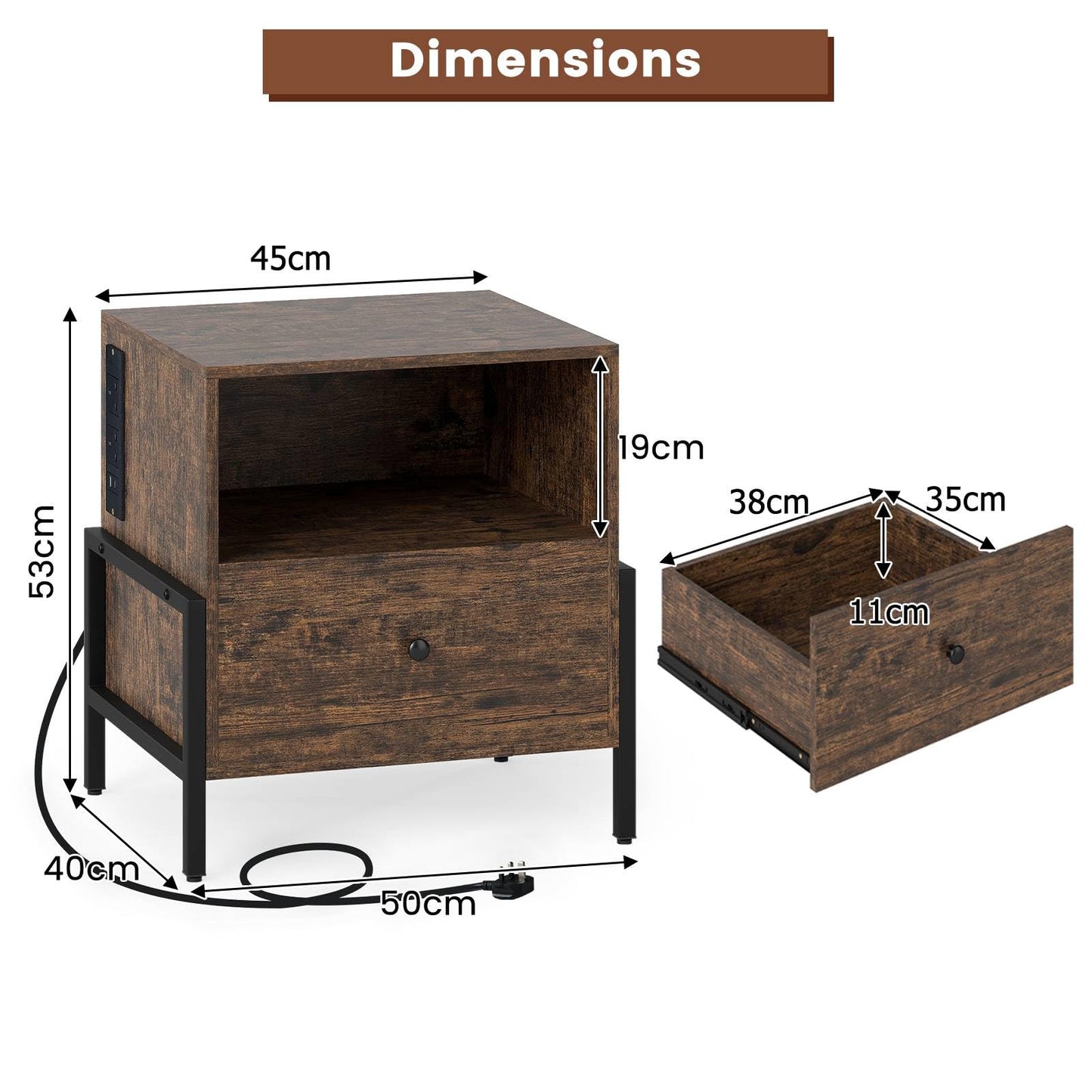Nightstand with Charging Station 3-Tier Bedside Table with Drawer