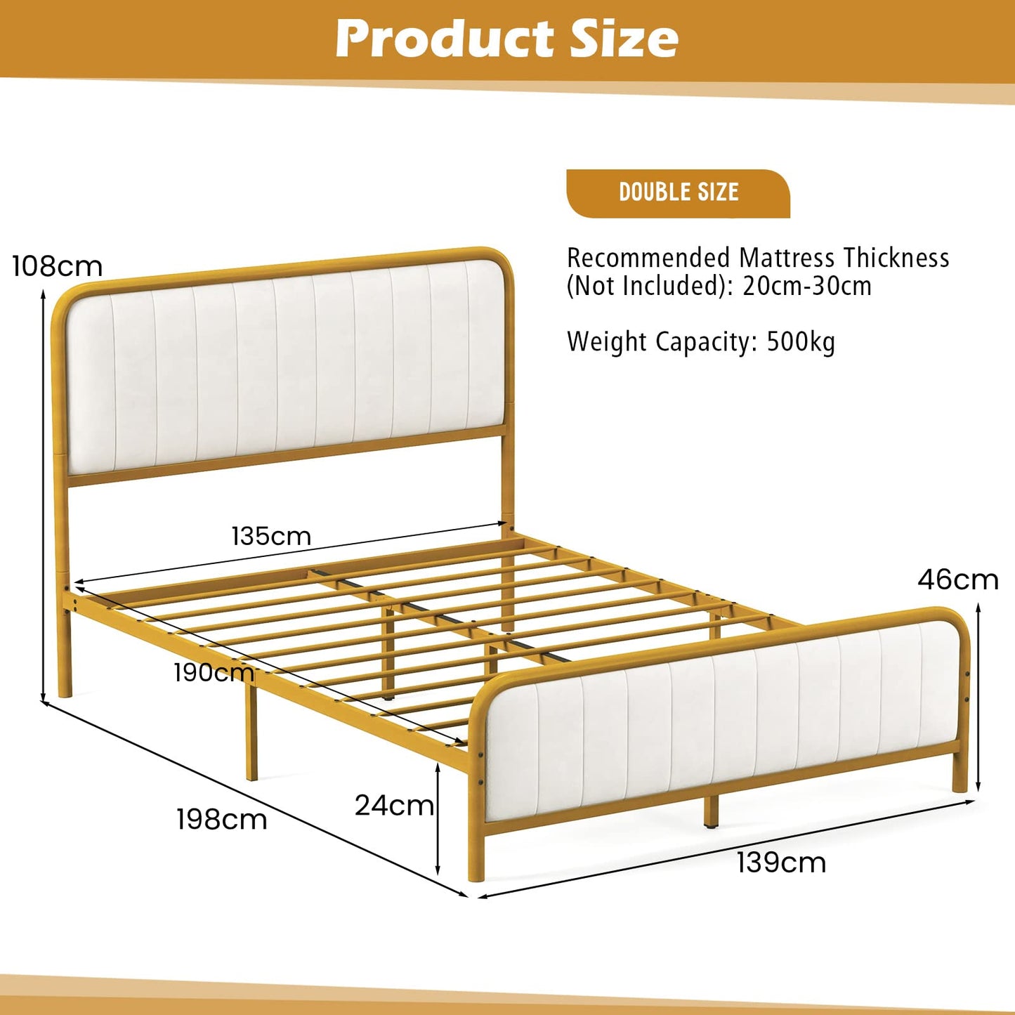 Upholstered Full Size Bed Frame, Double Metal Platform Bed with Velvet Headboard