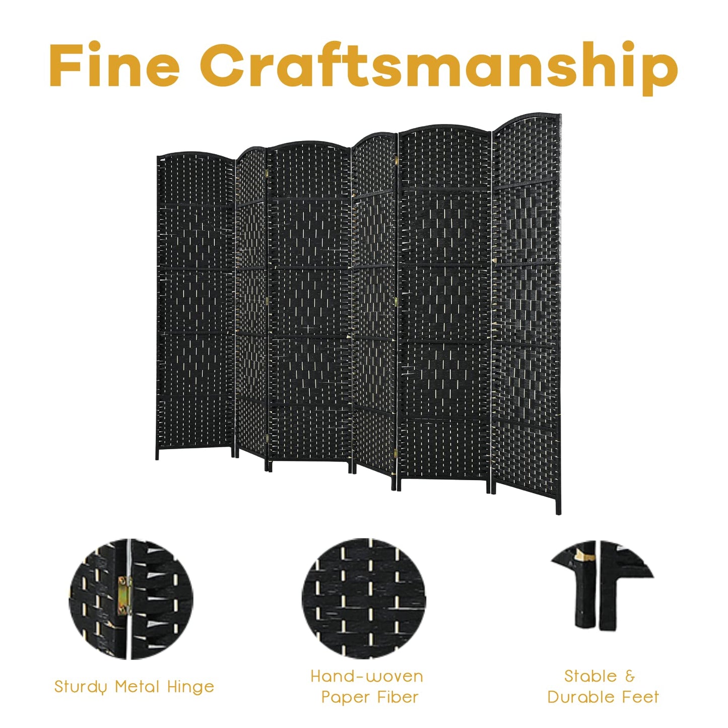 6 Panel Folding Room Divider with Hand-Woven Wicker for Home Office