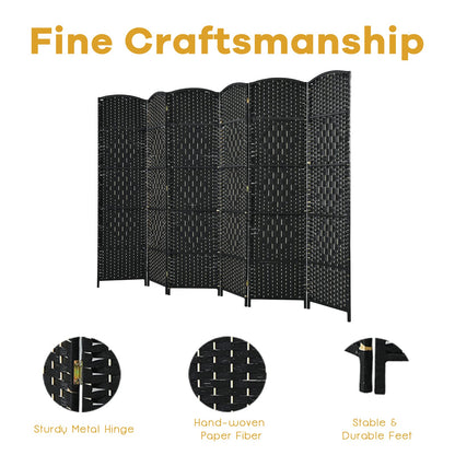 6 Panel Folding Room Divider with Hand-Woven Wicker for Home Office