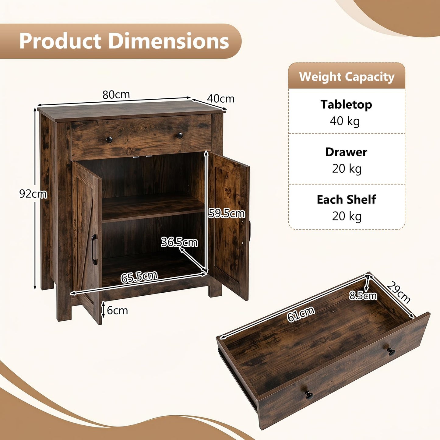 Storage Cabinet with Drawer & 2 Doors,80 x 40 x 92cm