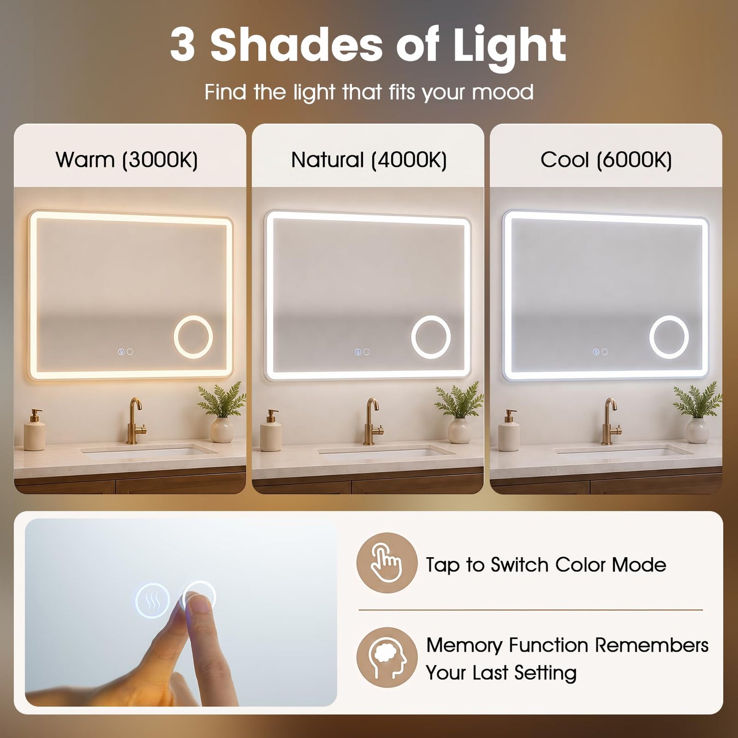 600x800mm Bathroom Mirror with LED Lights, 3x Magnifier, Anti-Fog