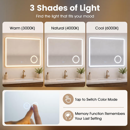 600x800mm Bathroom Mirror with LED Lights, 3x Magnifier, Anti-Fog