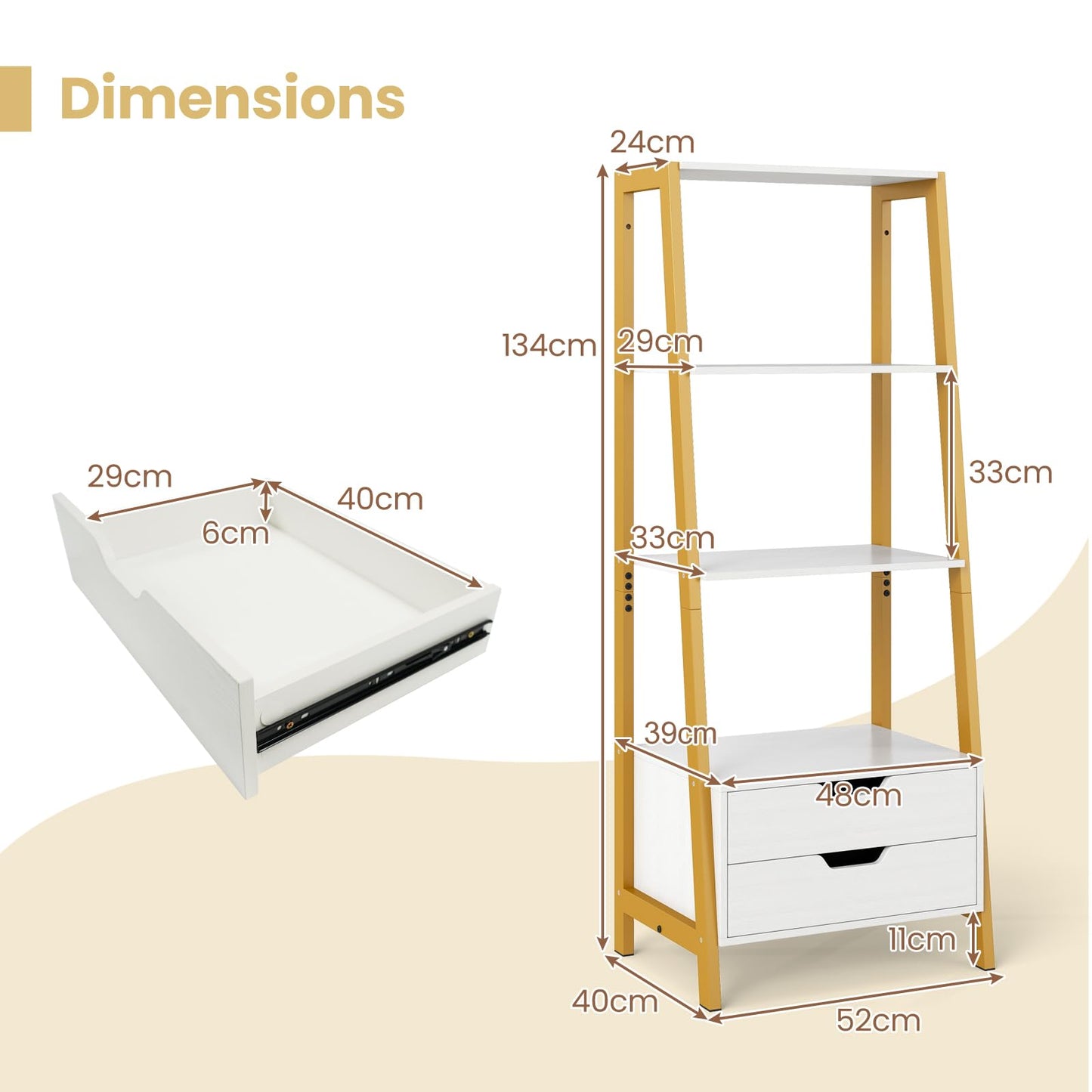 Ladder Bookshelf with Storage with 4 Open Shelves and 2 Drawers