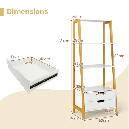 Ladder Bookshelf with Storage with 4 Open Shelves and 2 Drawers