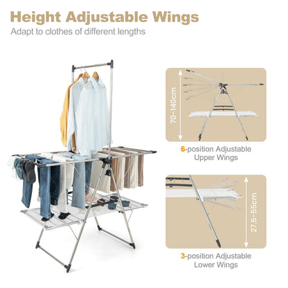 2-Tier Foldable Laundry Drying Rack with Tall Hanging Bar