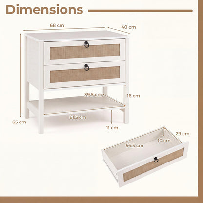 Rattan Bedside Table, Boho Nightstand with 2 Drawers