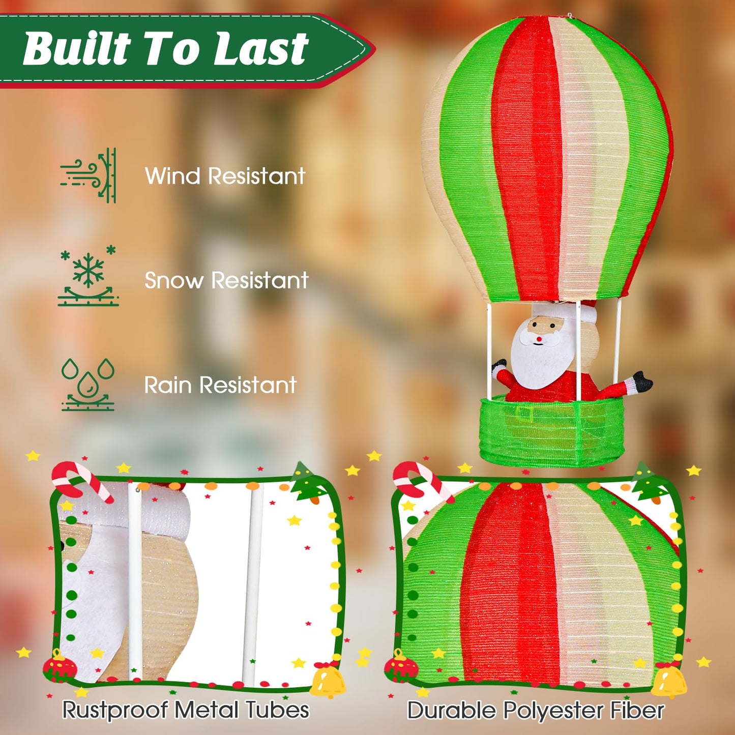 Lighted Santa in Hot Air Balloon with LED Lights and Pop-up Design