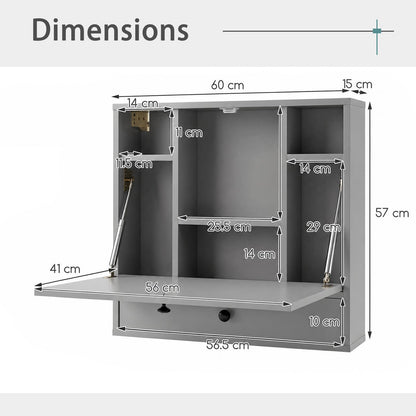 Wall-Mounted Fold-Down Desk Floating Computer Workstation with Drawer and 6 Cubes