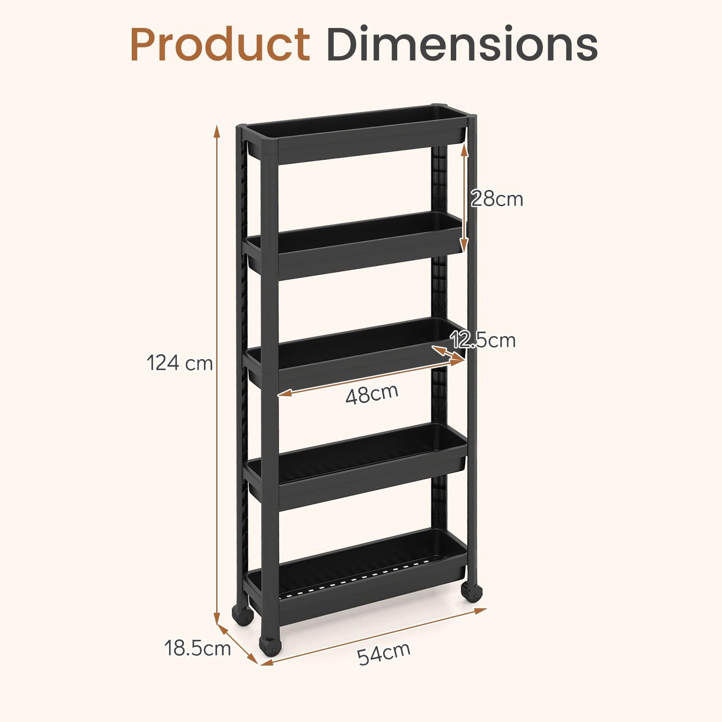 5-Tier Slim Rolling Storage Cart with Smooth Wheels for Kitchen