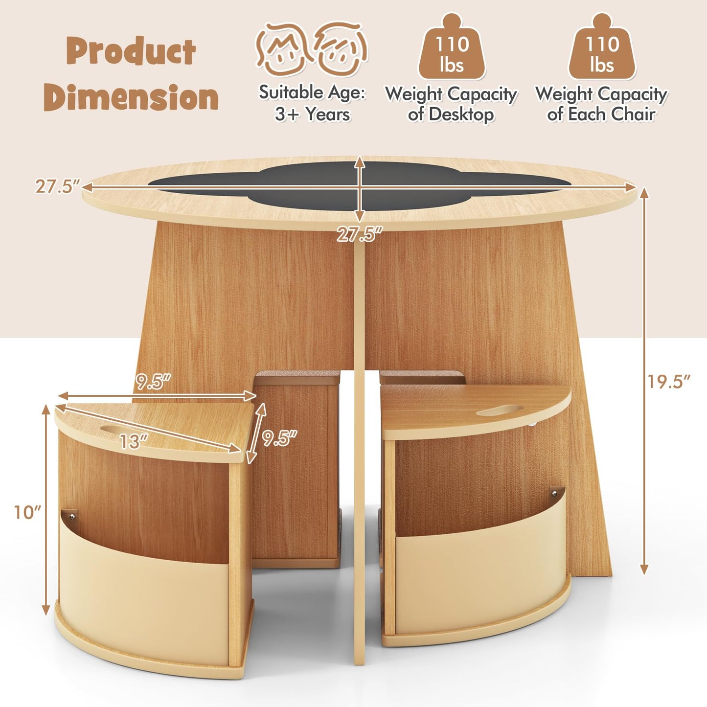 Kids Table and Chair Set, Wooden Flower Shaped Nesting Activity Desk