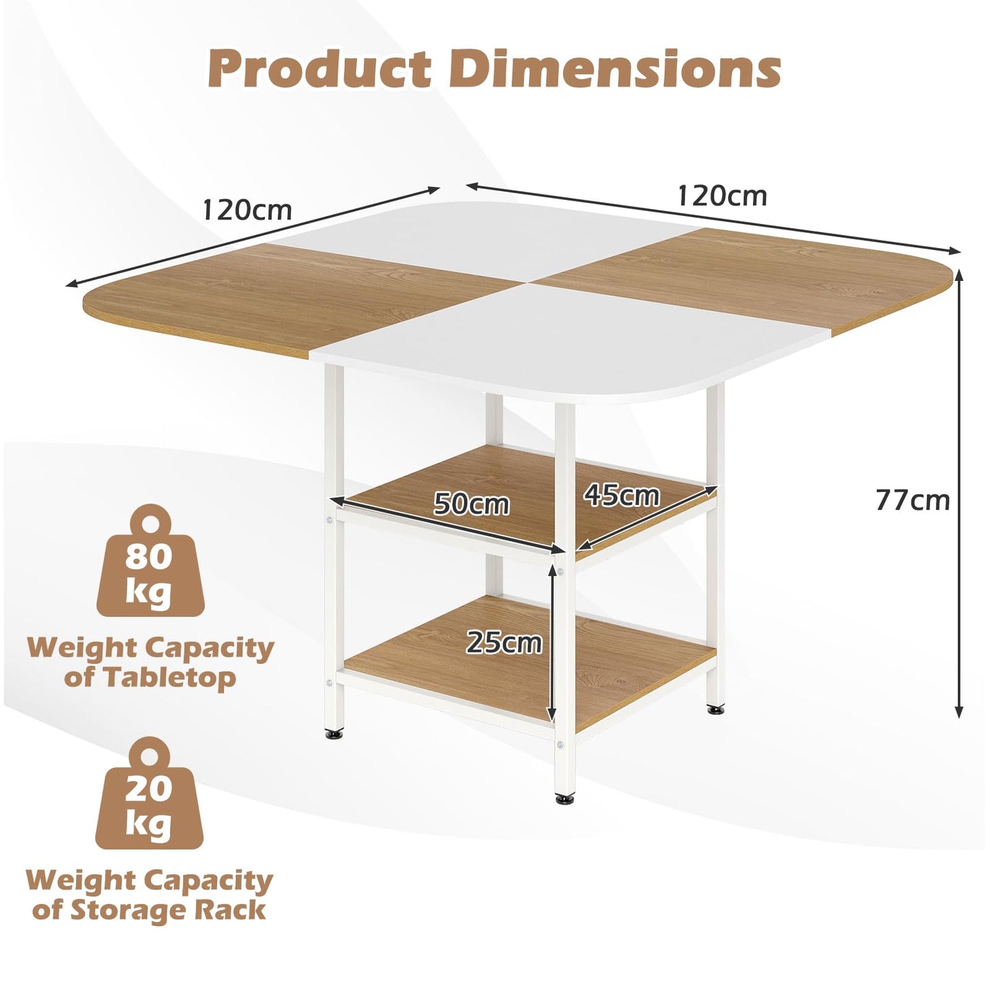 Dining Table for 4, 120 x 120cm Square Wooden Kitchen Tables with 2-Layer Storage Rack