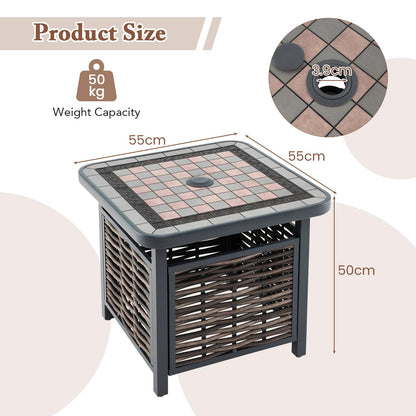 55cm All-Weather Square Patio Rattan Side Table with Umbrella Hole