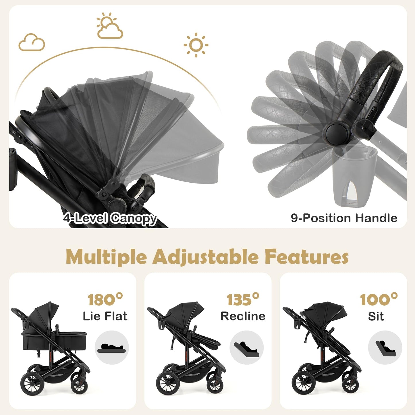 3-in-1 Newborn Stroller Folding Convertible High Landscape Toddler Stroller