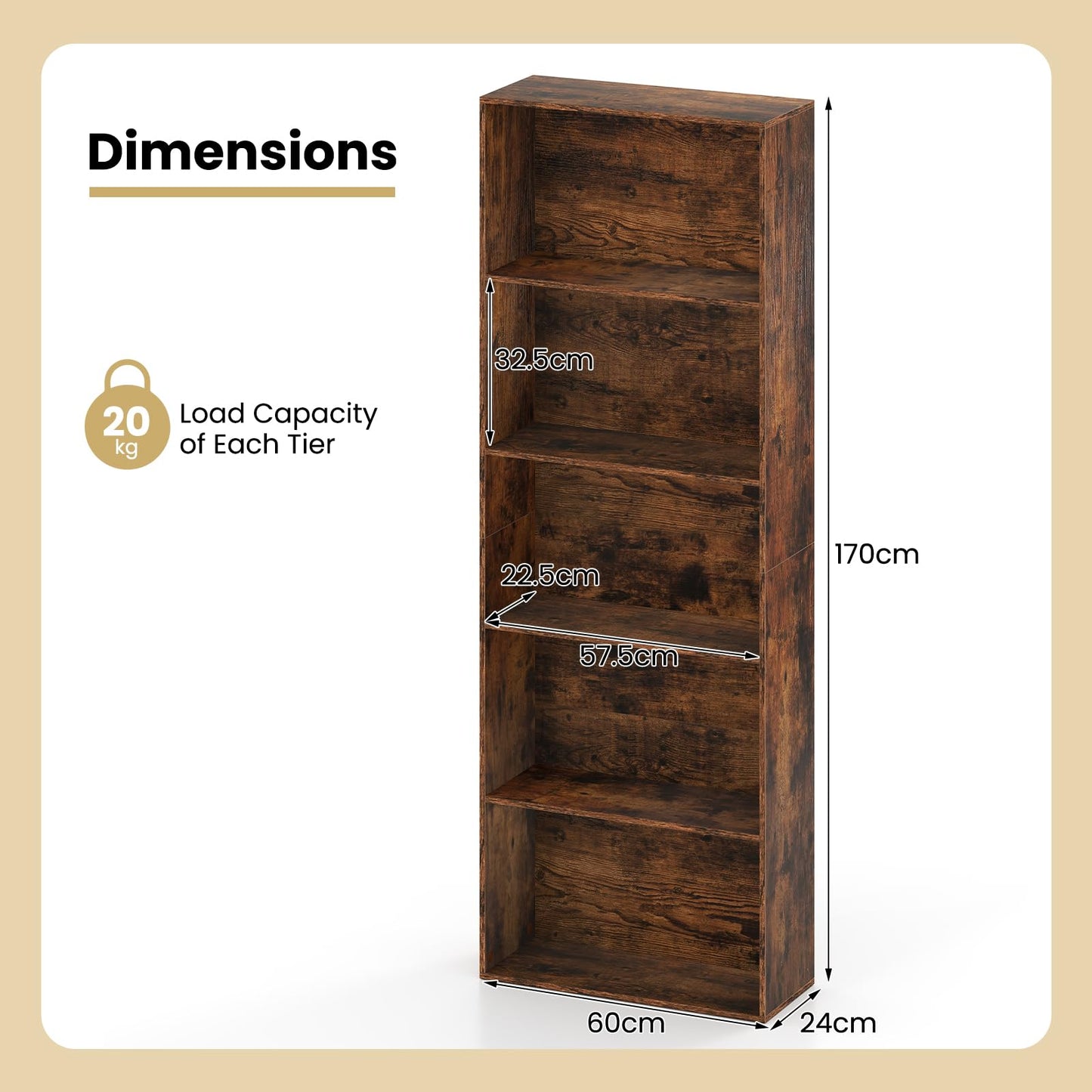 5-Tier Bookshelf with Freestanding Display Shelf and Storage Organizer for Living Room