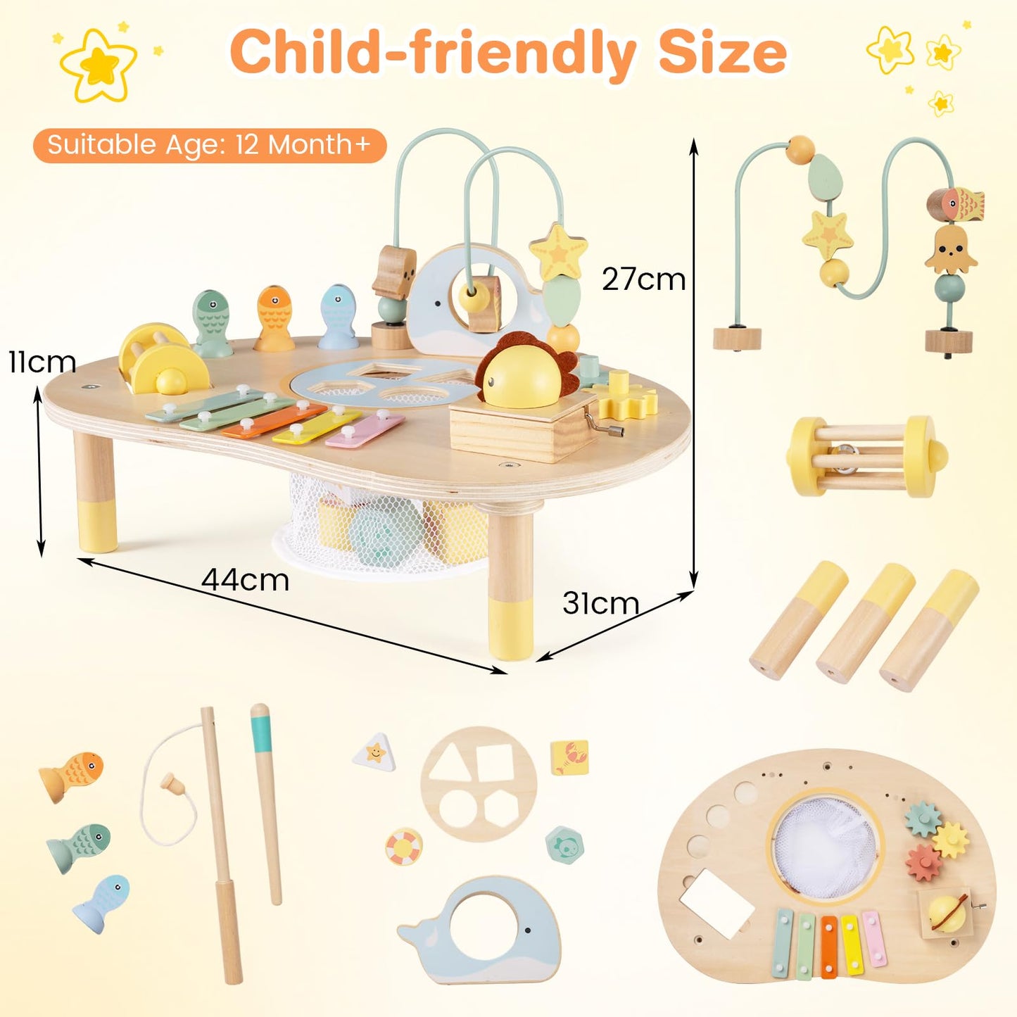 Activity Table for 1+ Year Old, 7-in-1 Wooden Montessori Toy Busy Board