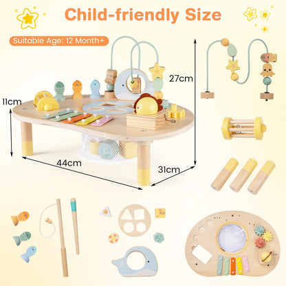 Activity Table for 1+ Year Old, 7-in-1 Wooden Montessori Toy Busy Board