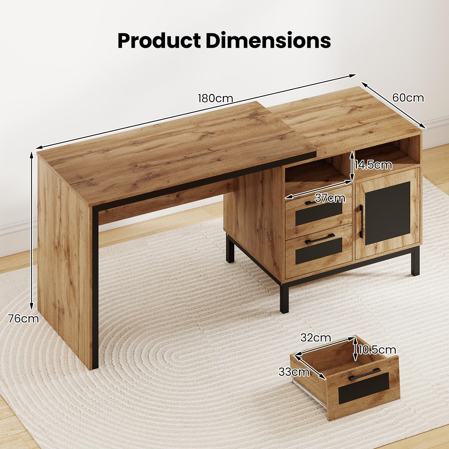 180cm Large Computer Desk, Wooden Executive Desk Writing Workstation