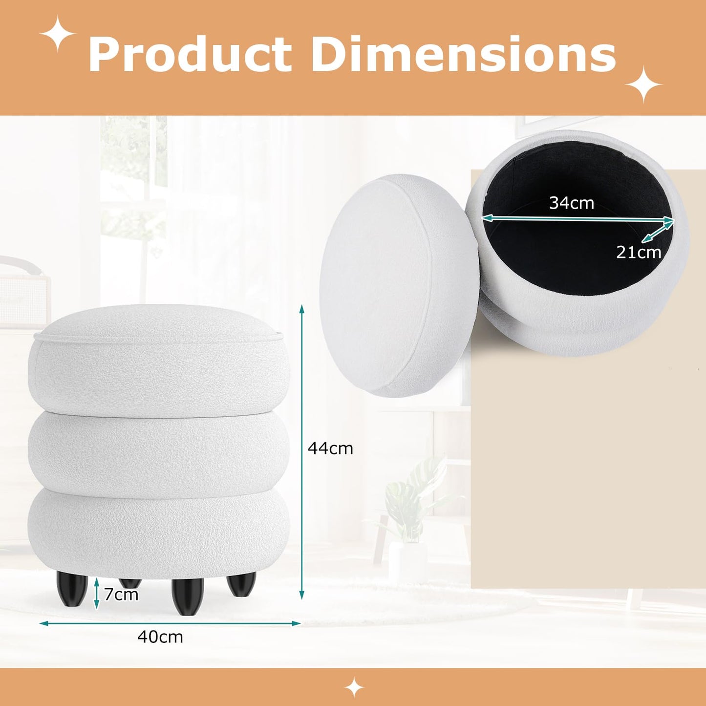 Modern Round Storage Ottoman with Removable Lid and Rubberwood Legs