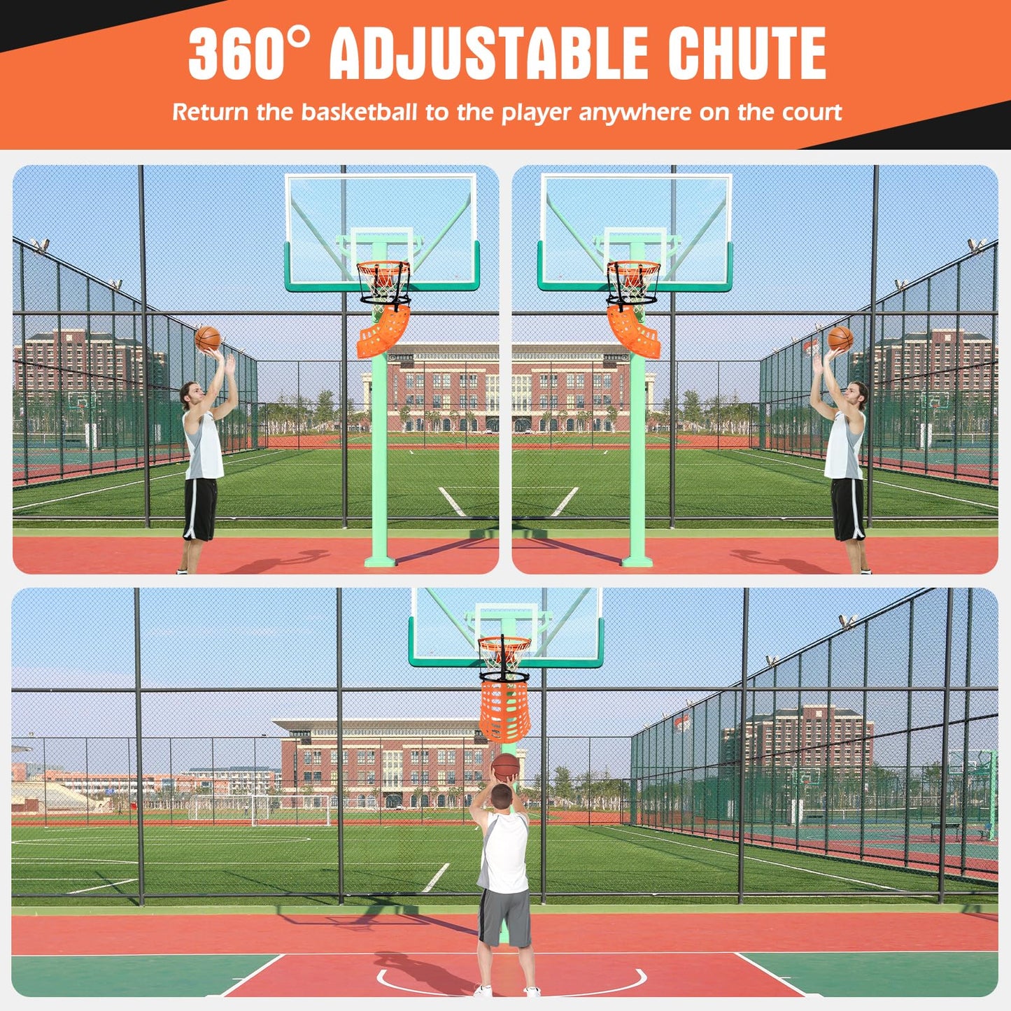 360° rotating basketball rebounder with 4 tool-free hooks