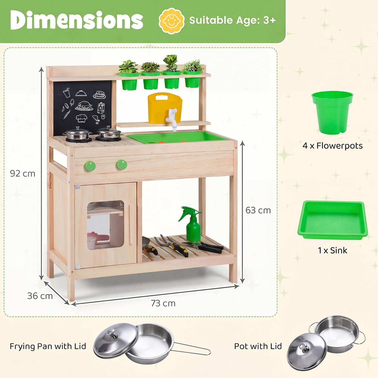 Kids Mud Kitchen Play Pretend Kitchen with Chalkboard Rotation Knobs and Cabinet