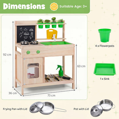 Kids Mud Kitchen Play Pretend Kitchen with Chalkboard Rotation Knobs and Cabinet