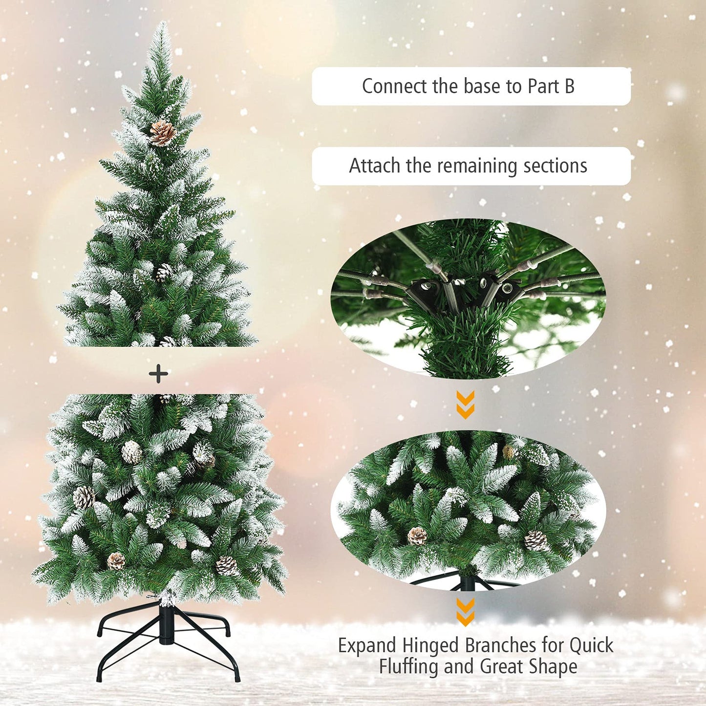 Snow-Flocked Pencil Hinged Artificial Christmas Tree with Pine Cones