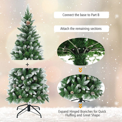 Snow-Flocked Pencil Hinged Artificial Christmas Tree with Pine Cones