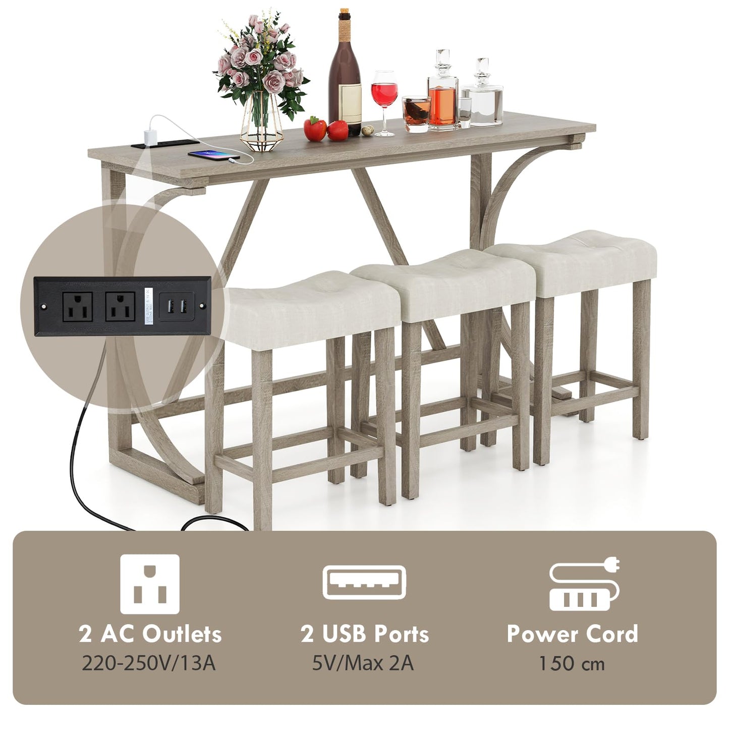 4-Piece Height Bistro Table and Saddle Seat Stools with Power Outlet