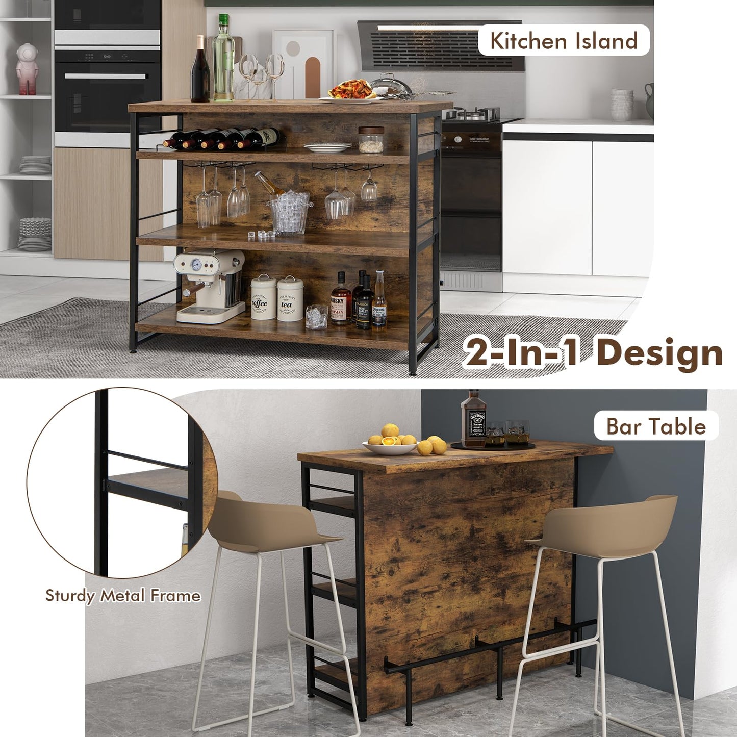 2 in 1 Industrial 4-Tier Bar Table with Storage Shelves