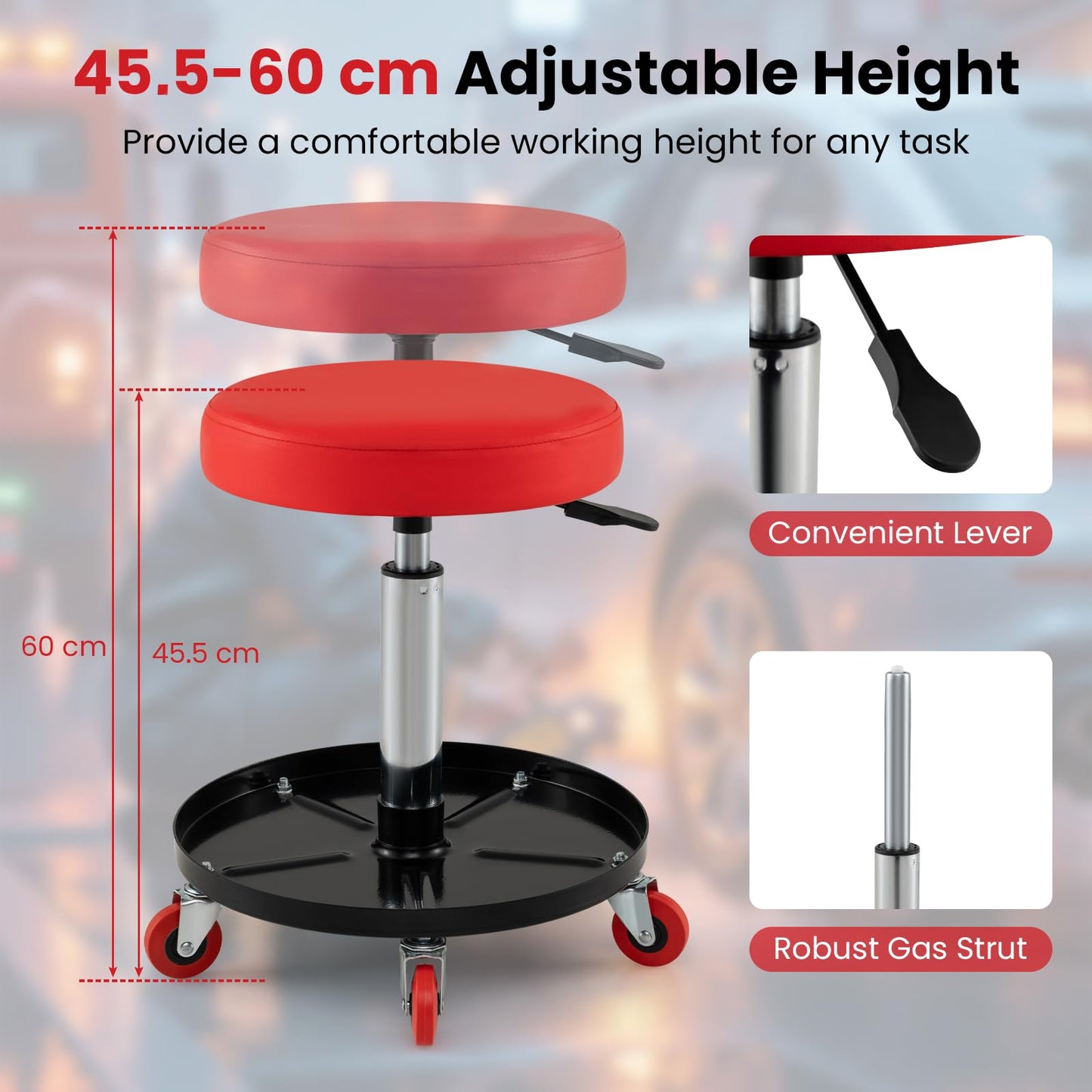 Pneumatic Rolling Mechanic Stool with Tool Tray & Adjustable Height