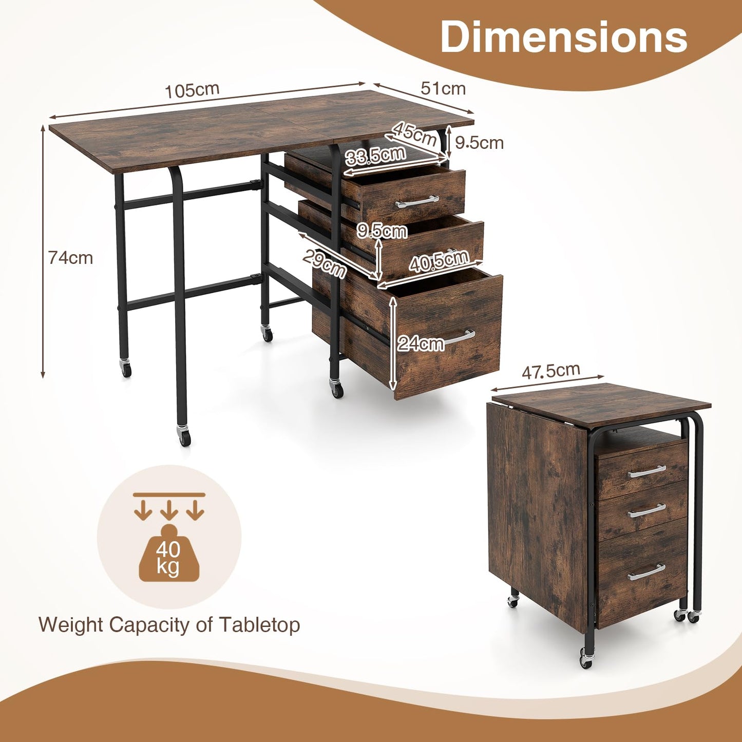 2-In-1 Folding Desk with 3 Drawers