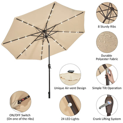 24 Solar Powered LED Lights Patio Umbrella with Tilt and Crank Handle