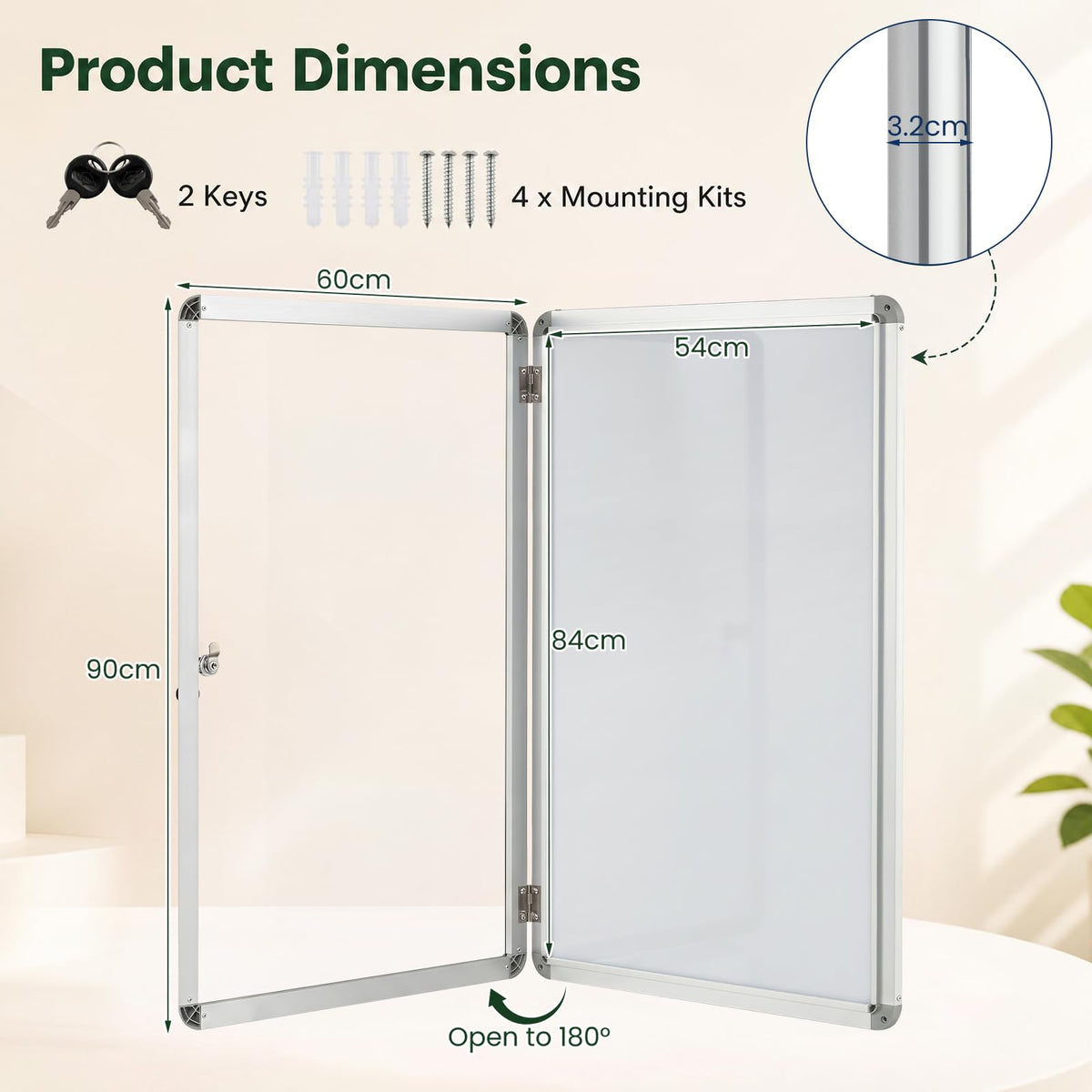 90 x 60 cm Enclosed Bulletin Board with Locking Door and Aluminum Alloy Frame