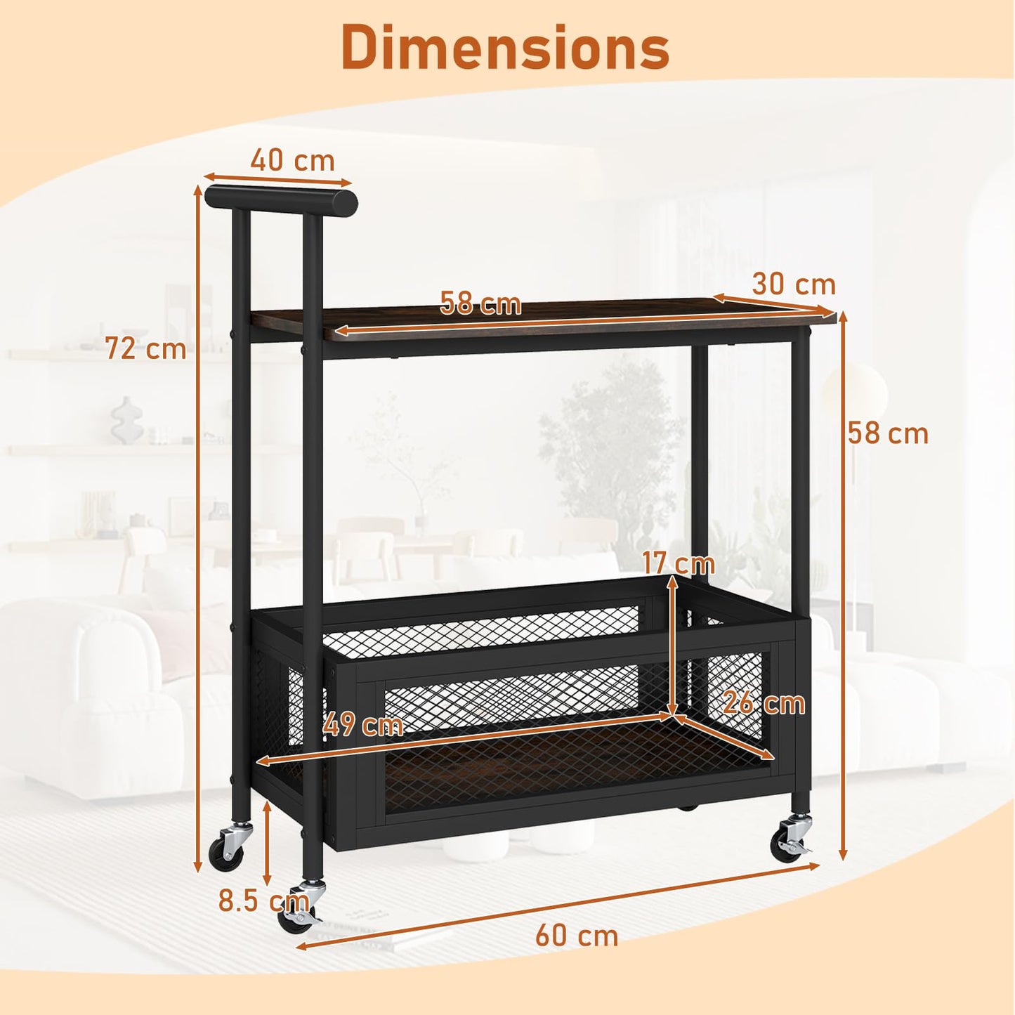 Rolling End Table with Handle 2-Tier Sofa Side Table with Open Shelf