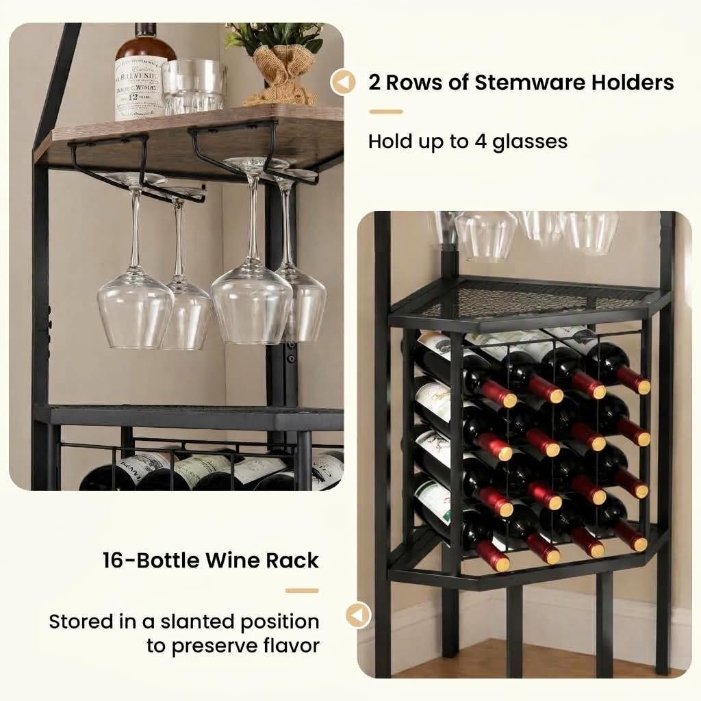Corner Wine Rack with Glass Holder & Storage Shelves