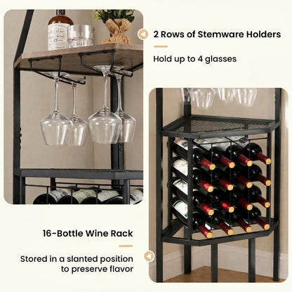Corner Wine Rack with Glass Holder & Storage Shelves