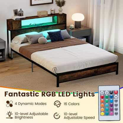 Double Metal Bed Frame with LED Lights, Charging Station