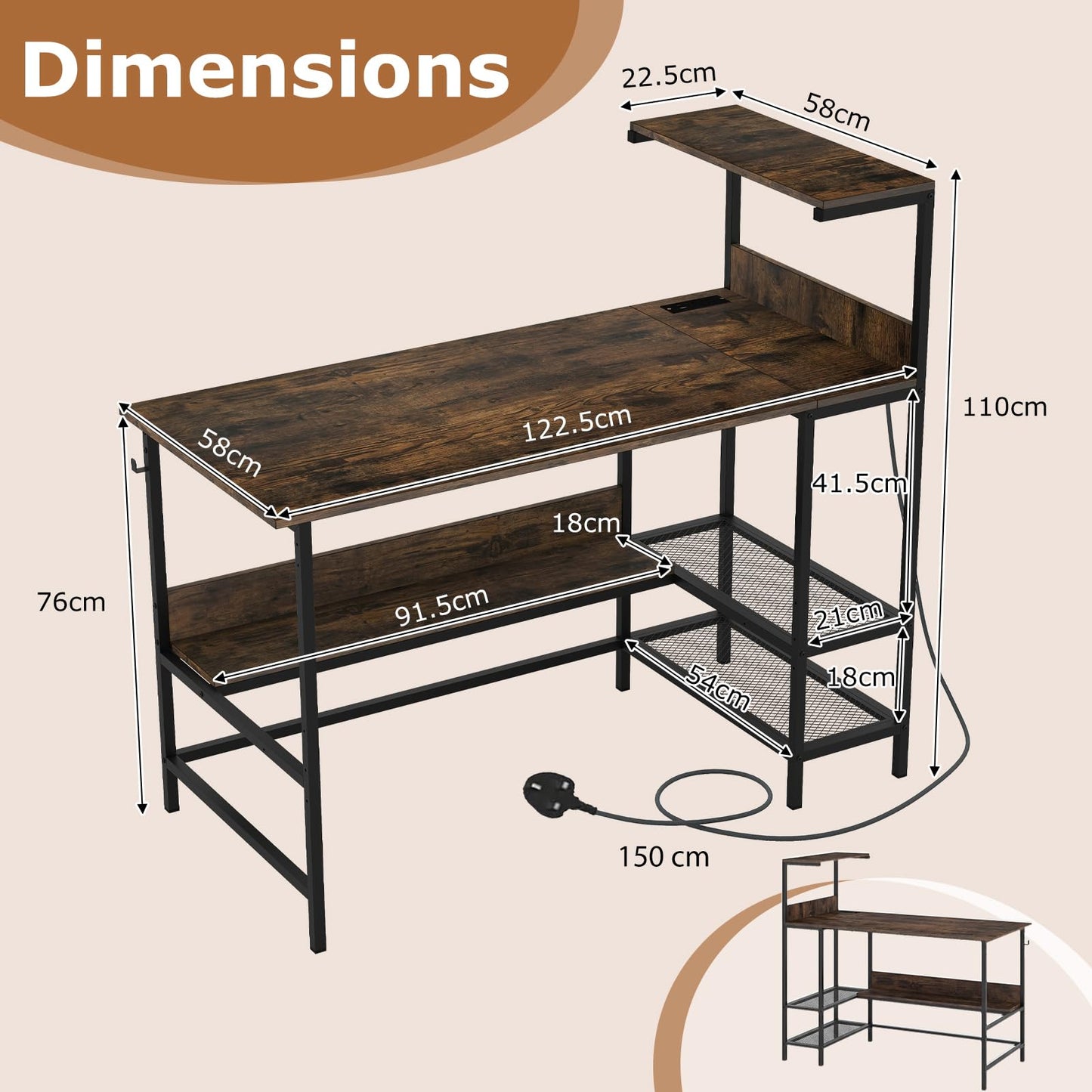 122.5 CM Computer Desk with Power Outlets & Storage Shelves and Headphone Hook for Working
