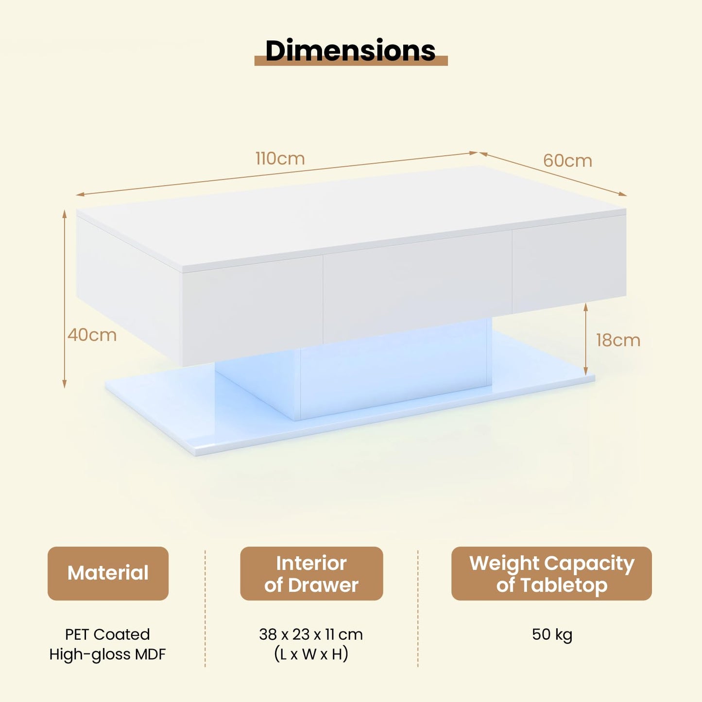 LED Coffee Table with 2 Drawers and Remote Control