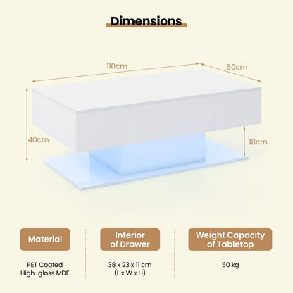LED Coffee Table with 2 Drawers and Remote Control
