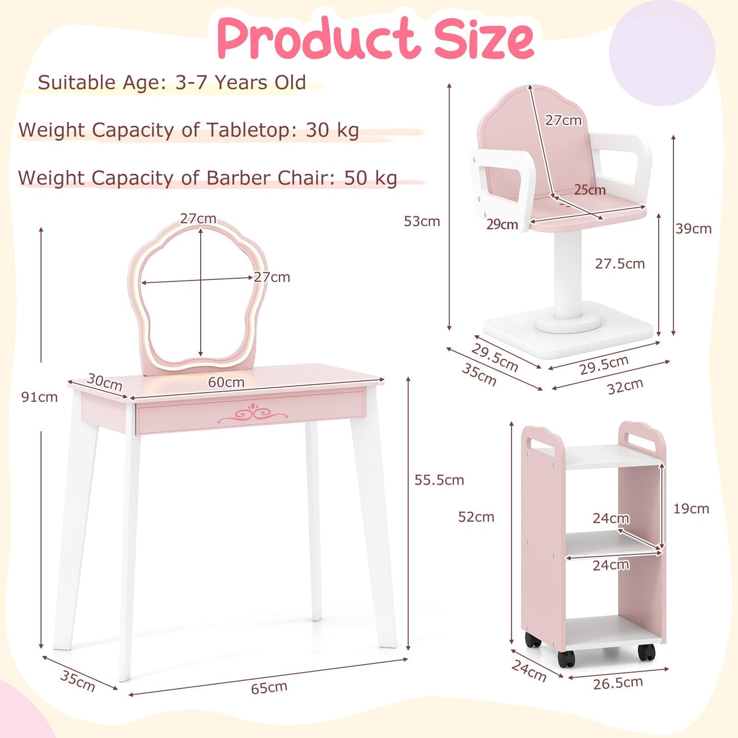 Kids Hair Salon Play Set with LED Lighted Mirror Wooden Pretend Hair Salon Station