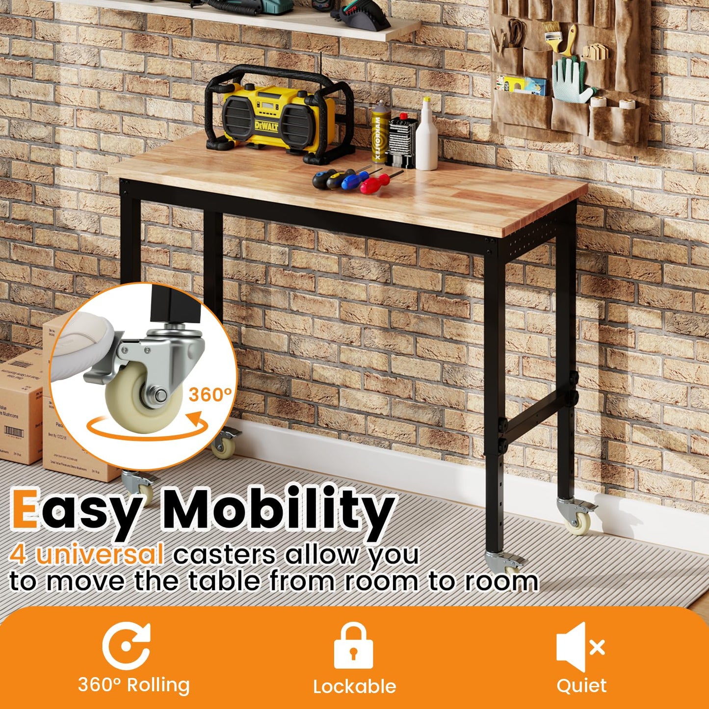 Adjustable Workbench with Wheels and Heavy-Duty Metal Frame
