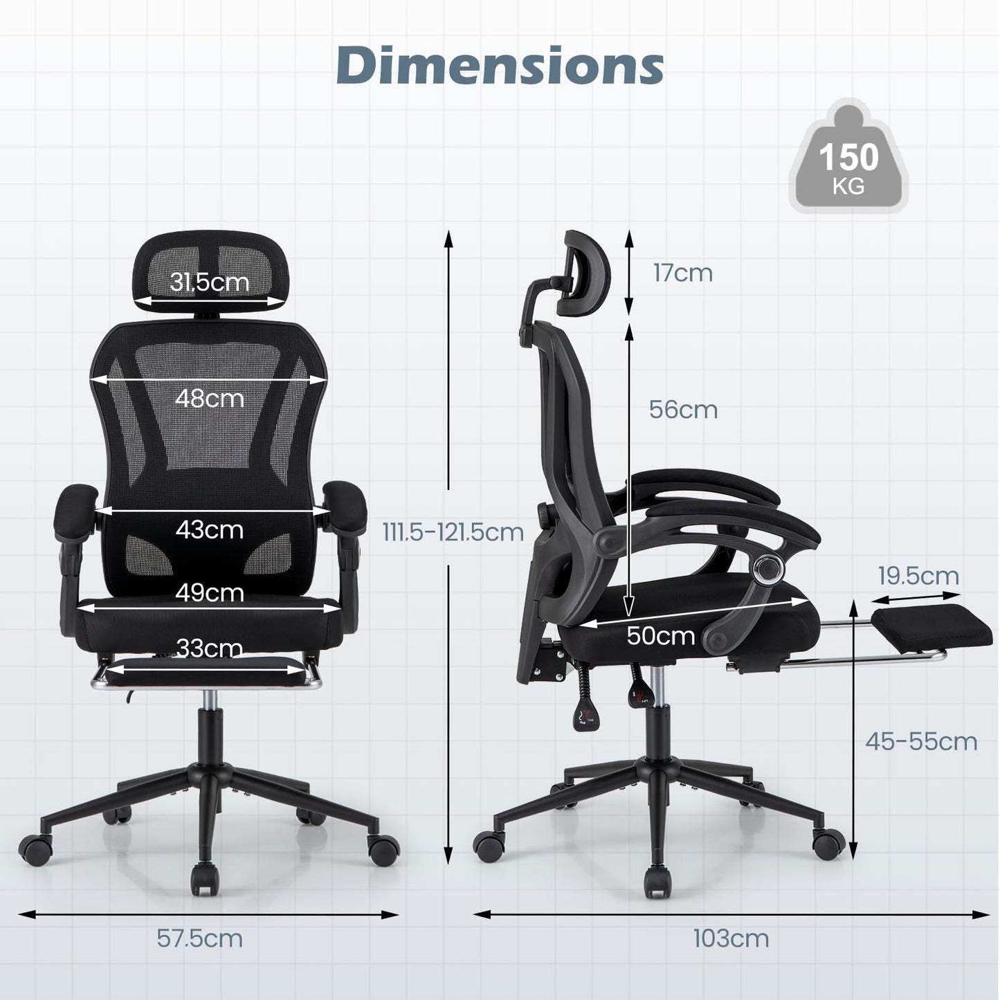 Ergonomic Mesh Office Chair with 2D Headrest and Retractable Footrest