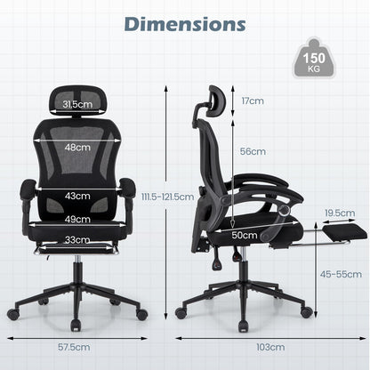 Ergonomic Mesh Office Chair with 2D Headrest and Retractable Footrest