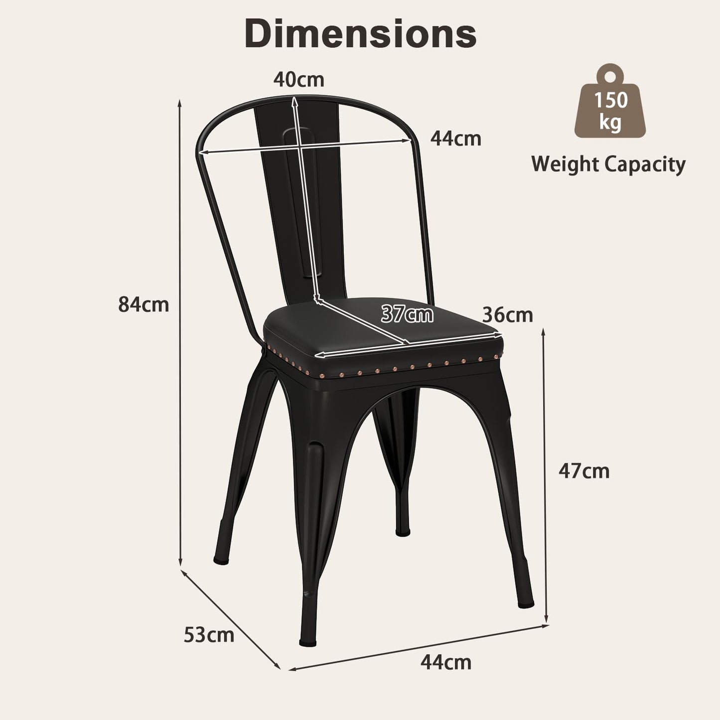 Metal Dining Chair Set of 4 with Removable Backs and PU Leather Cushioned Seat