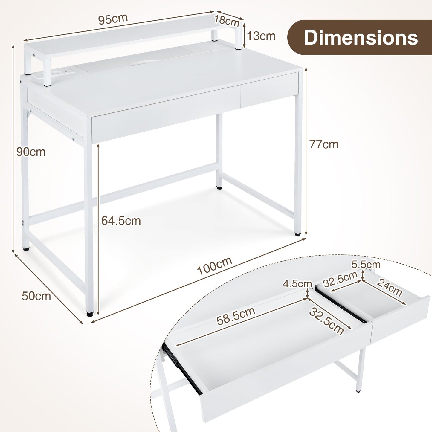Computer Desk with Power Outlets, 100 x 50 x 90cm Office Desk | Removable Monitor Stand, Dual-use Drawer